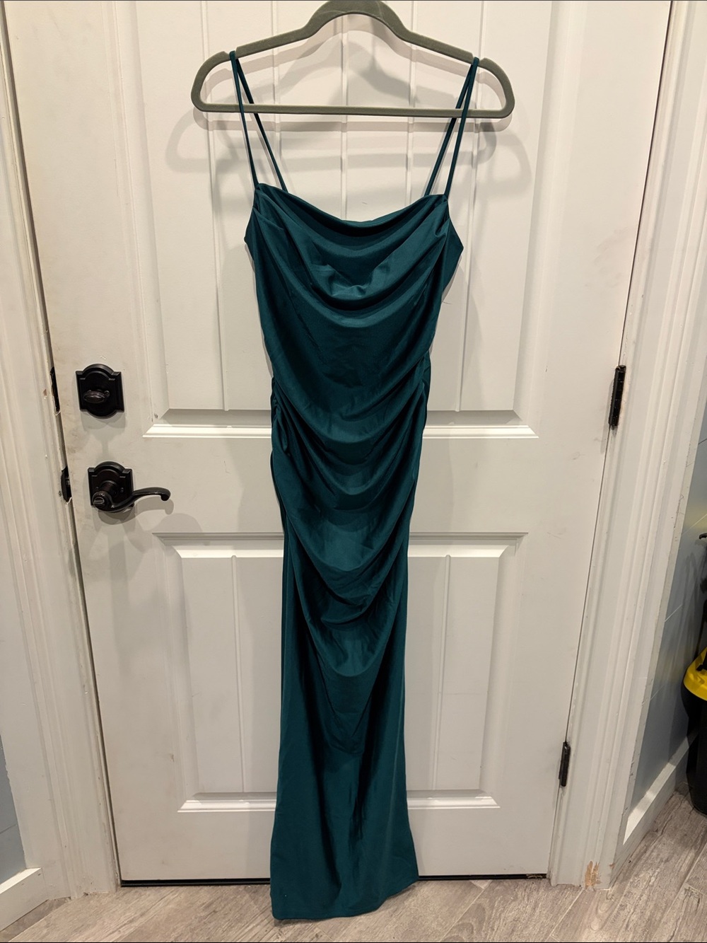 Windsor Teal Draped Cowl Neck Spaghetti Strap Gown